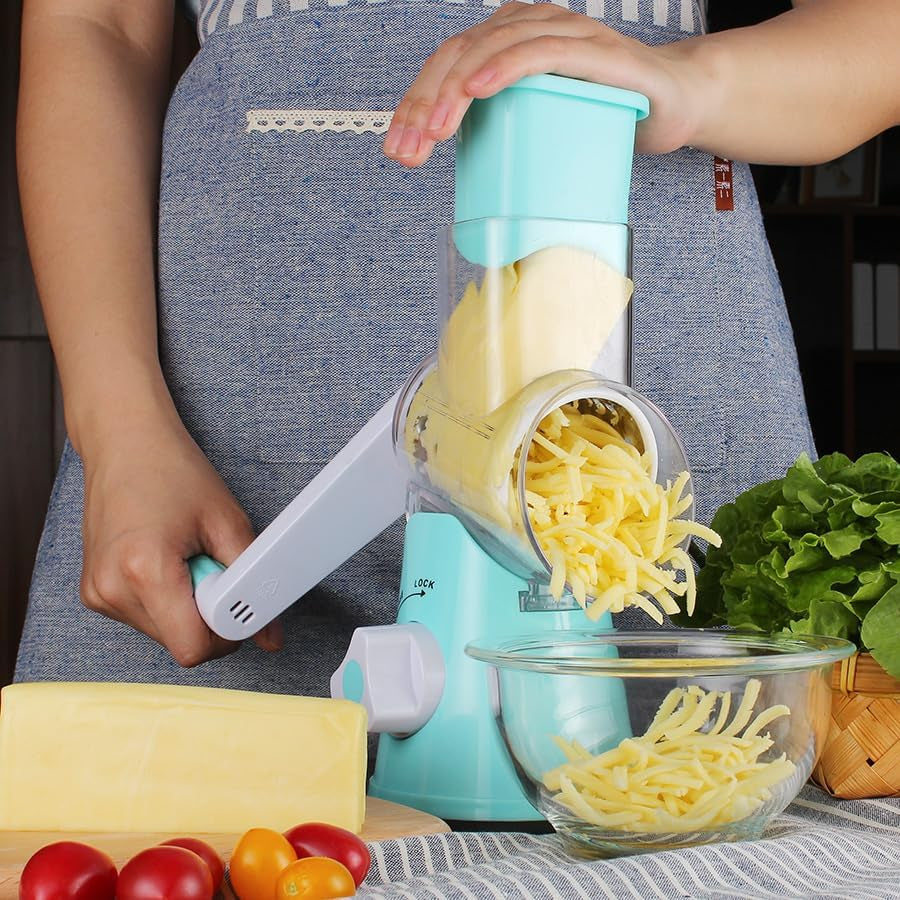 Rotary Cheese & Veggie Grater with 3 Blades – Hand Crank Slicer