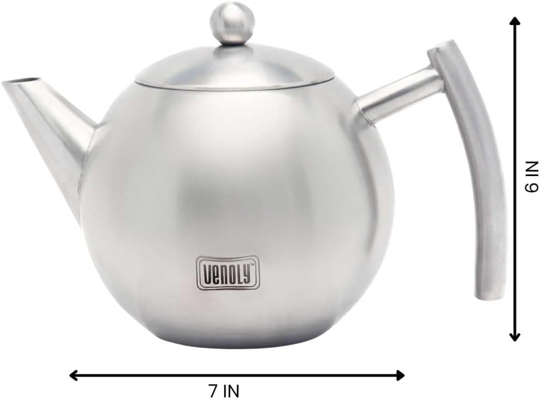Stainless Steel Tea Pot with Removable Infuser for Loose Leaf and Tea Bags, Dishwasher Safe and Heat Resistant (Silver, 1.5 Liter)