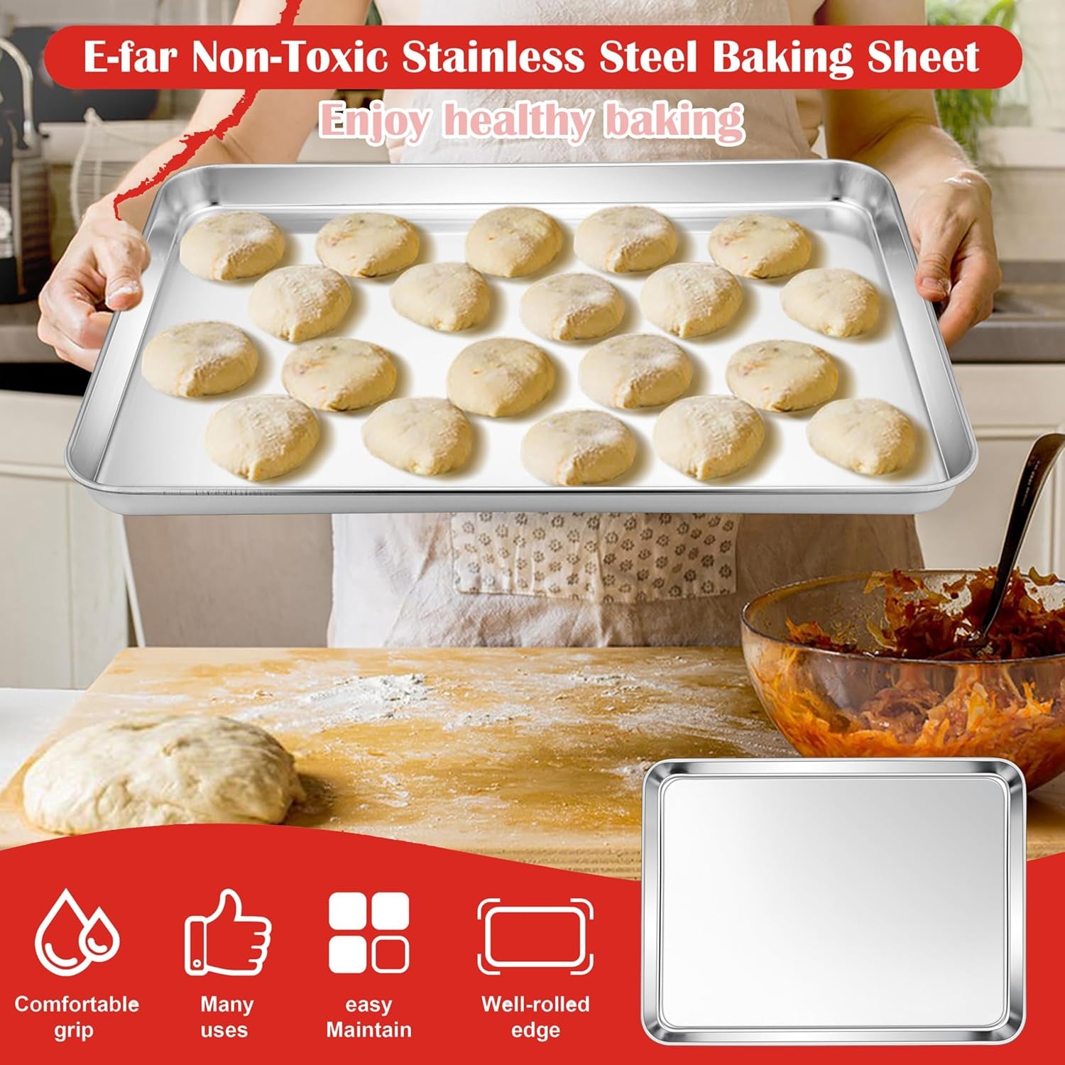 18”X13” Stainless Steel Baking Sheet Pan, Healthy & Rust Free, Mirror Finish & Dishwasher Safe, 1 Pack