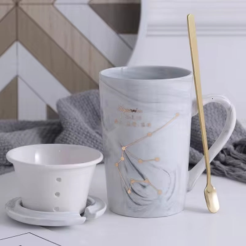 380ML Natural Marble 12 Constellation Ceramic Pink Zodiac Mug with Lid