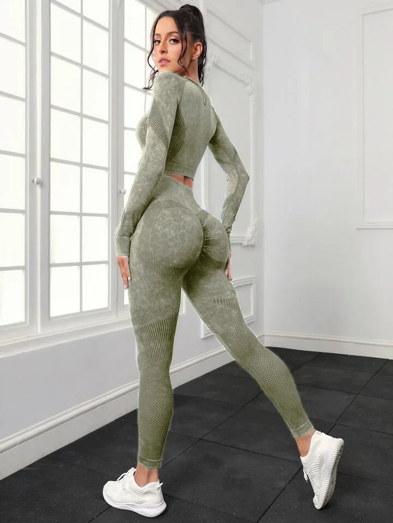 2 Piece Acid Wash Gym Set Women Seamless Long Sleeve Leggings Tracksuit Sports Fitness Suit Scrunch Workout Clothes Yoga Outfits