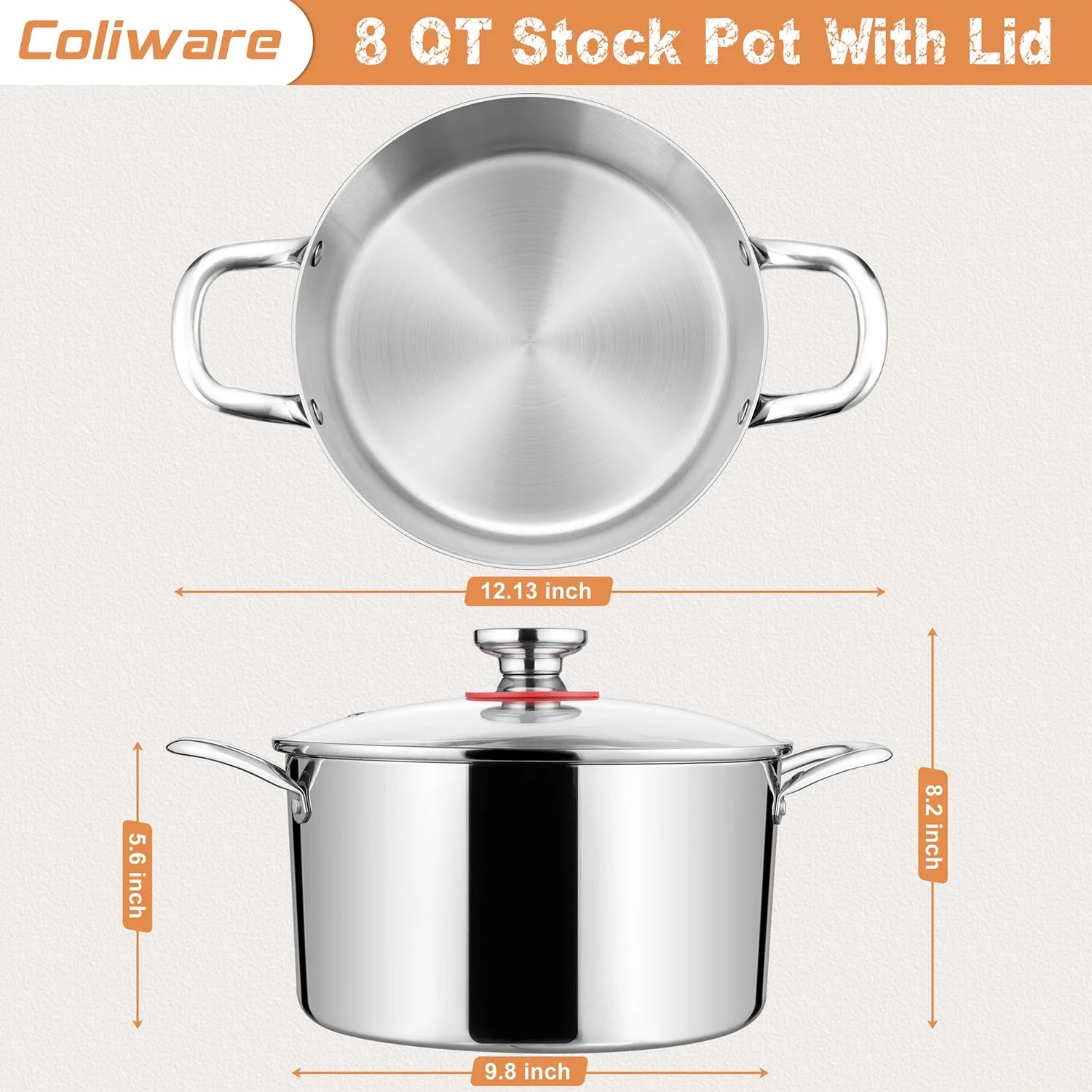 8 QT Stainless Steel Stock Pot with Glass Lid, Cooking Soup Pot with 3-Ply Whole Clad For