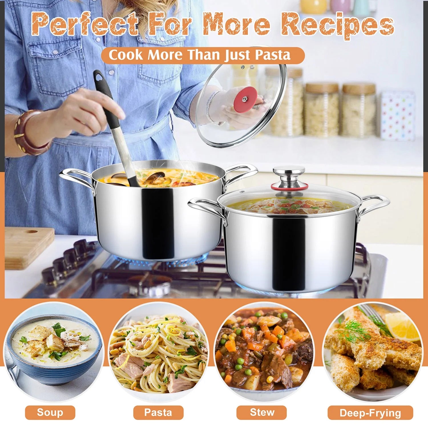 8 QT Stainless Steel Stock Pot with Glass Lid, Cooking Soup Pot with 3-Ply Whole Clad For