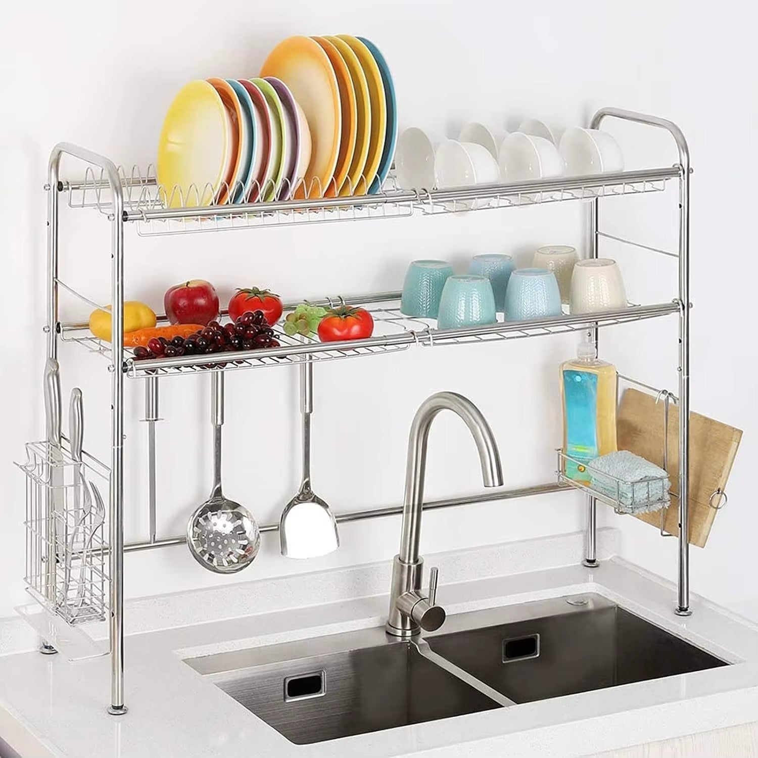 Adjustable over Sink Dish Rack 2-Tier Stainless Steel - Kitchen Drainer W/Utensil & Chopstick Holder, Silver Storage Organizer