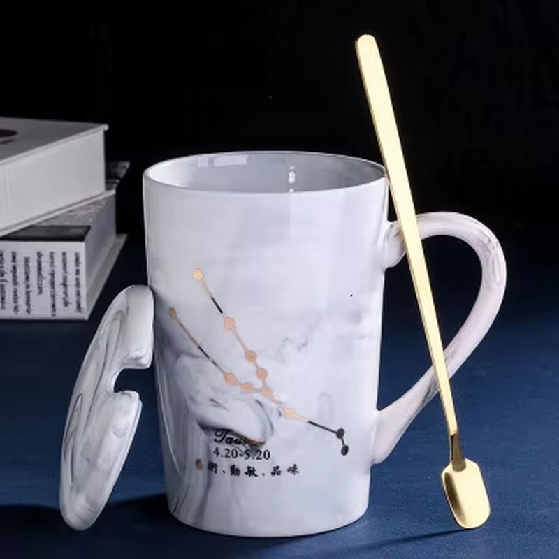 380ML Natural Marble 12 Constellation Ceramic Pink Zodiac Mug with Lid