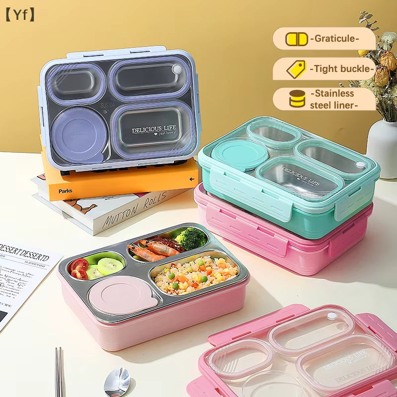 Square 4-Compartment Meal Box Large Capacity Stainless Steel Lunch Box with Soup Container for Students and Office Workers