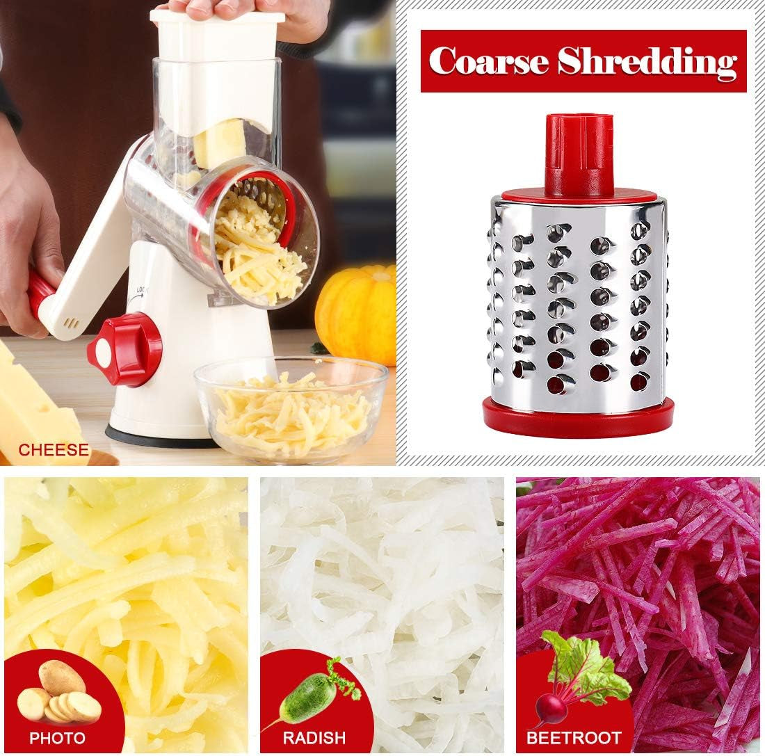 Rotary Cheese Grater Hand Crank, Kitchen Shredder Speed Mandolin Slicer with Handle and Drum Blades