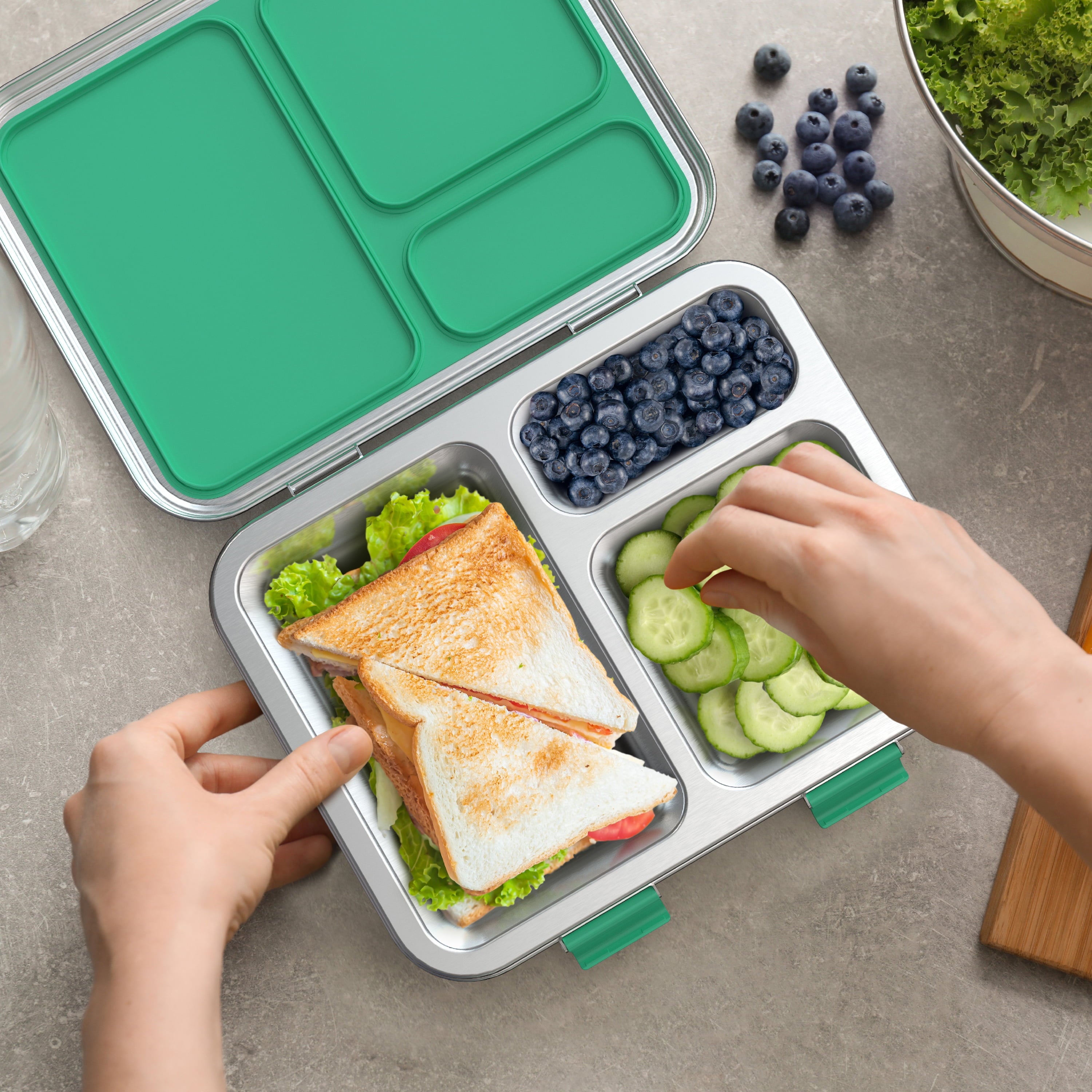 Stainless Steel Leak-Resistant Lunch Box - Bento-Style, 3 Compartments, and Bonus Silicone Container for Meals On-The-Go