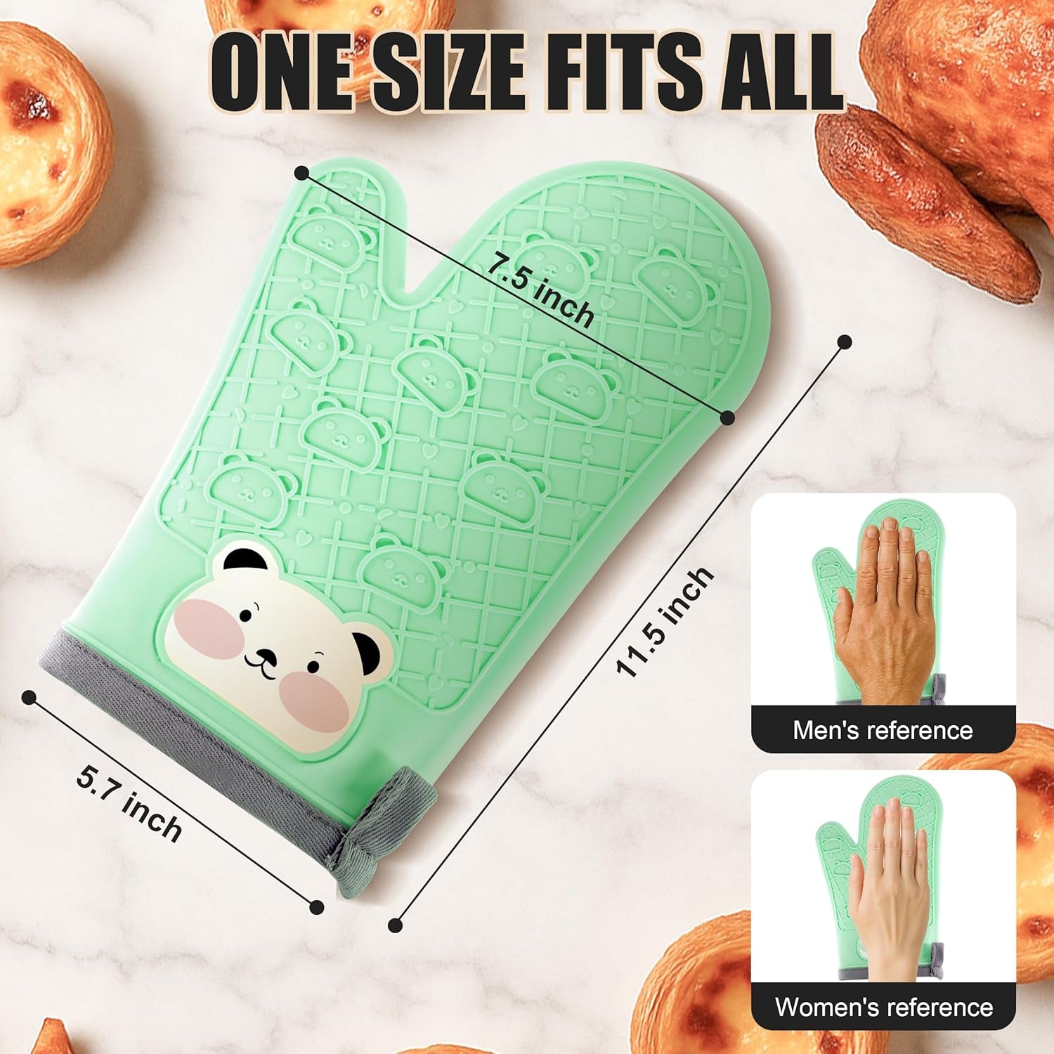 Silicone Oven Mitts Cute Bear - Non-Slip Kitchen Gloves for Baking & BBQ - Soft Cotton Lined, Waterproof & BPA-Free Potholders - Machine Washable & Heat Resistant up to 500°F - Green, 1 Pair