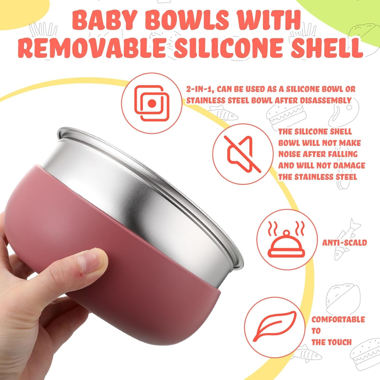 6 Pcs Stainless Steel Baby Bowls with Removable Silicone Shell for Kids, Dishwasher Safe