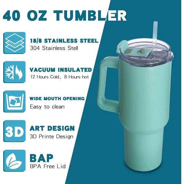 40oz Tumbler With Lid, Starw And Handle, Stainless Steel Vacuum Insulated Water Bottle Travel Mug For Iced Coffee, Hot And Cold Tea