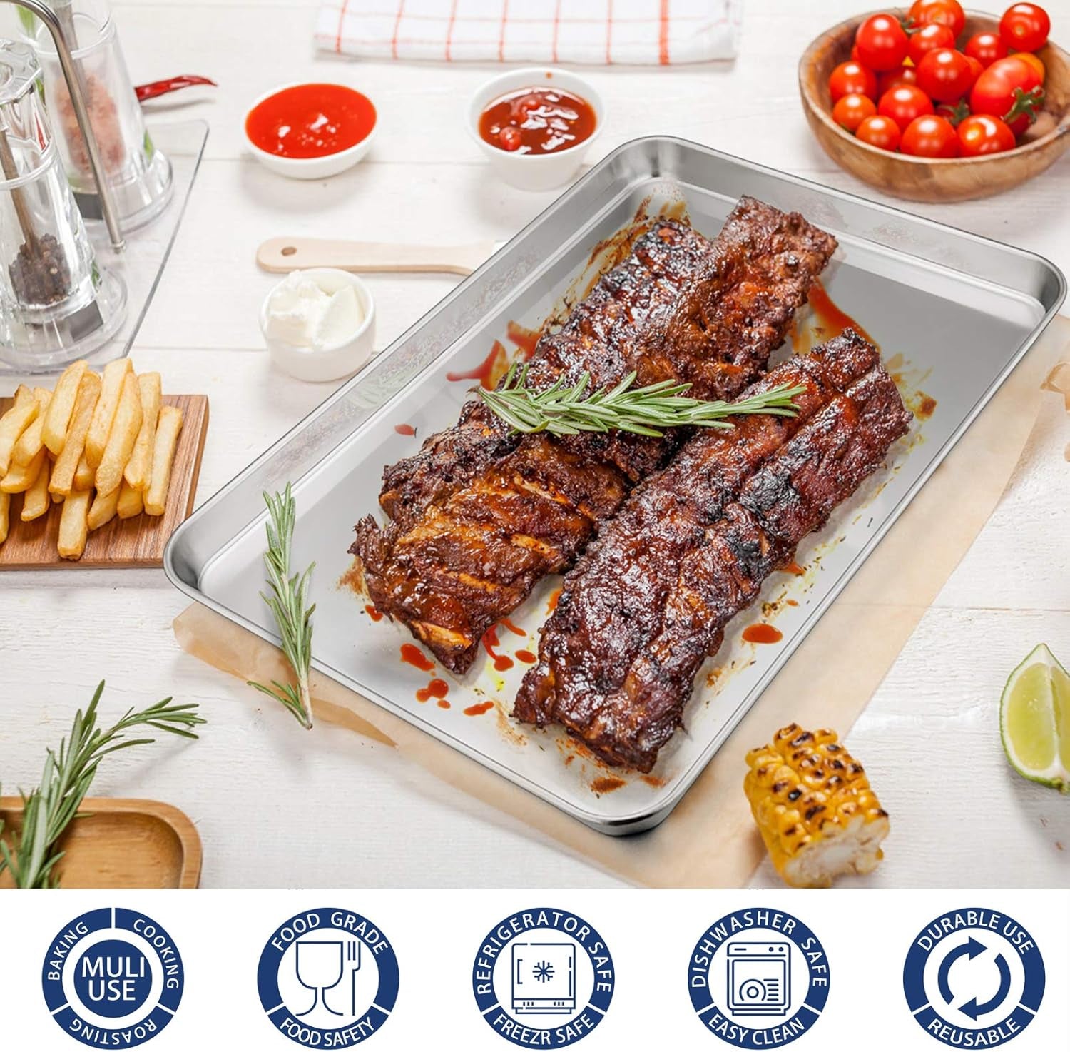 16 Inch Baking Cookie Sheet, Oven Pan Tray Stainless Steel Sheet Pan for Kitchen, Oven Bakeware for Multi Uses, Shiny Look & Dishwasher Safe, 2PCS