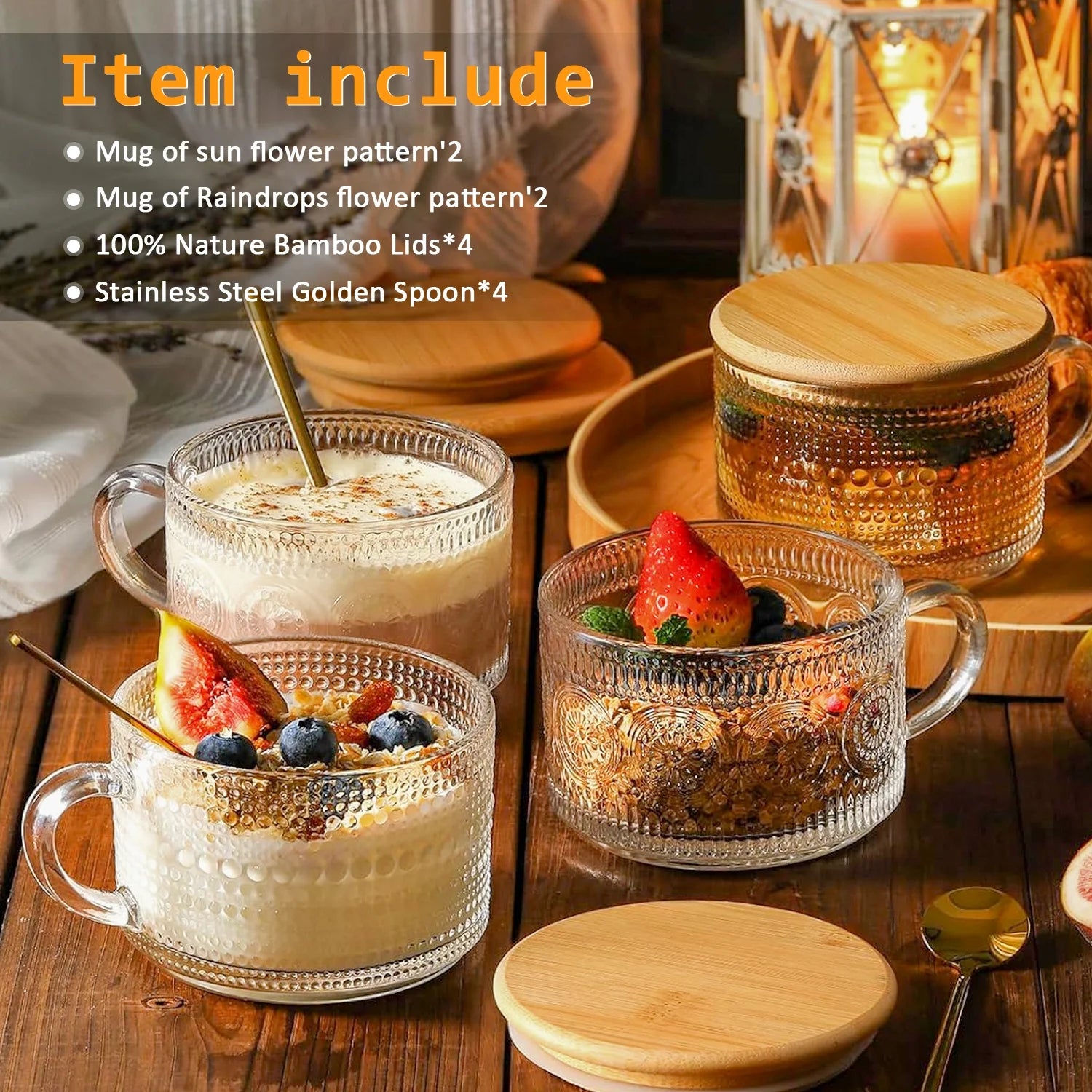 4-Pack 14oz Vintage Glass Coffee Mugs