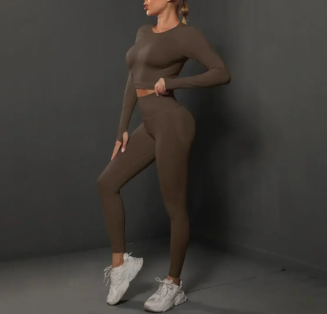 Women'S European and American Seamless Peach Tight Fitting Hip Lifting Yoga Suit Set, Sports Running Fitness Suit Two-Piece Set