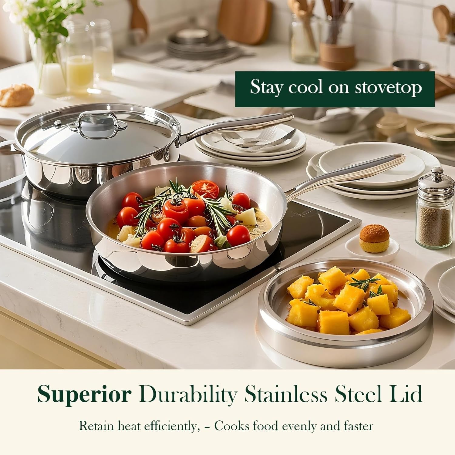 12 Inch Tri-Ply Stainless Steel Frying Pan with Lid, Induction Cooking Pans, Dishwasher & Oven Broiler Safe 600F