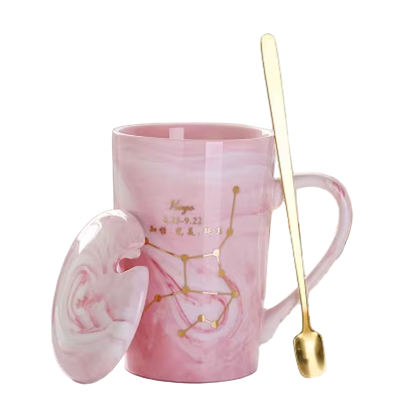 380ML Natural Marble 12 Constellation Ceramic Pink Zodiac Mug with Lid