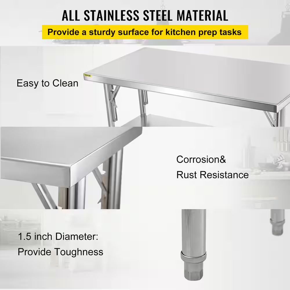 Commercial Worktable Workstation 48 X 24 In. Double-Shelf Stainless Steel Kitchen Utility Table