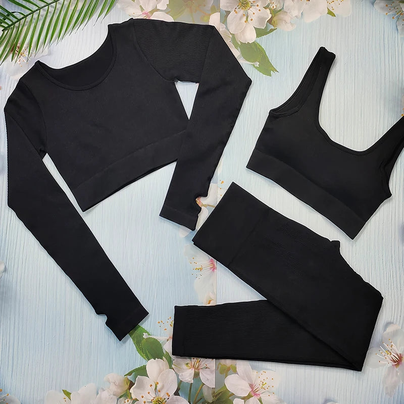Ribbed Women Sets Fitness Suit Seamless Sportswear Sexy Gym Clothing Stripe Legging Long Sleeve Sport Outfits Woman Tracksuit