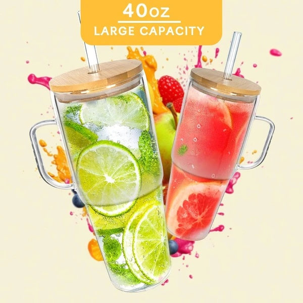 Stylish Glass Cup with Bamboo Lid and Straw