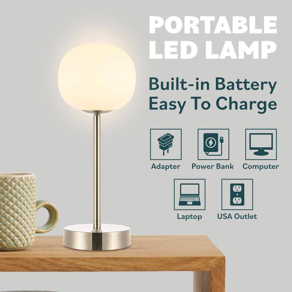 Natalia 12.25 In. Nickel/White Modern Minimalist Iron Rechargeable Integrated LED Table Lamp