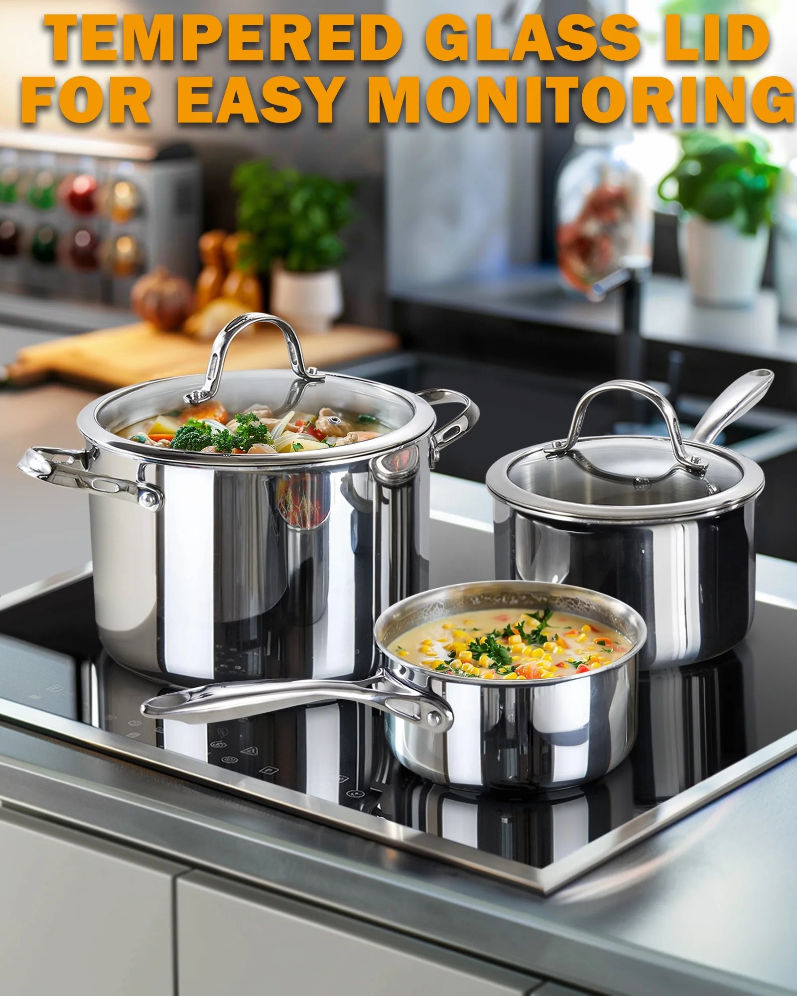 Stainless Steel Stock Pot, 8-Quart Multi-Ply Clad Cooking Canning Pot with Lid, Induction Stockpot, Silver