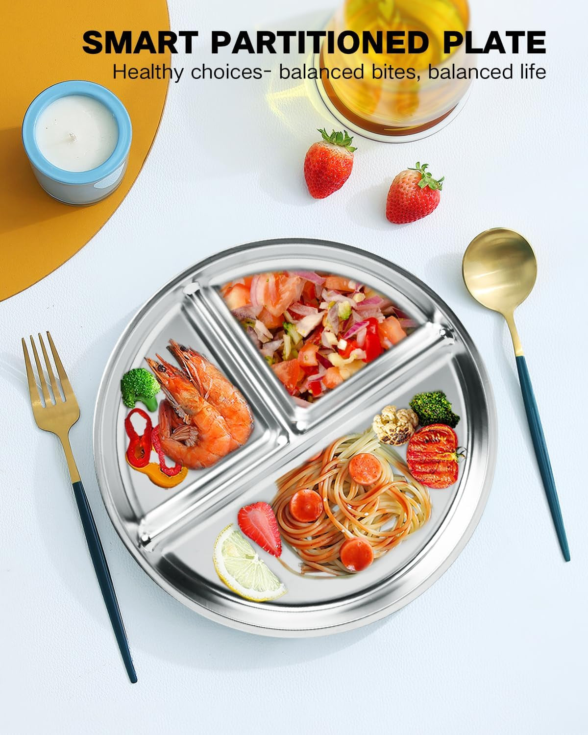 2 Packs Stainless Steel Kids Plates , 9" Portion Control Plate Divided Plates