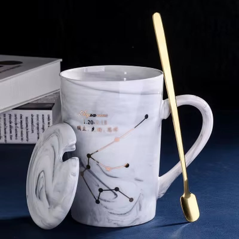 380ML Natural Marble 12 Constellation Ceramic Pink Zodiac Mug with Lid