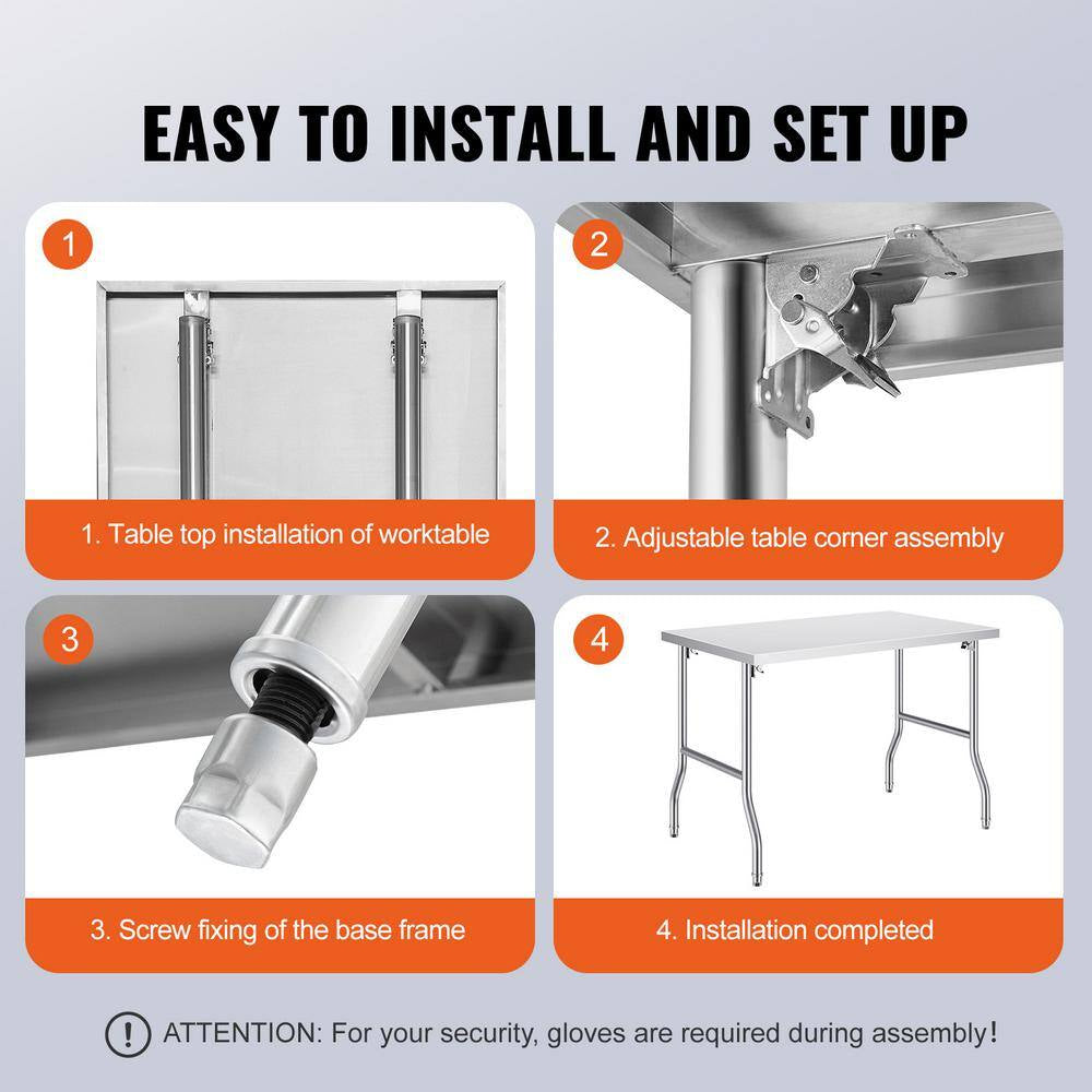 48 X 30 Inches Folding Table Stainless Steel with Heavy-Duty Workstation, 300 Lbs. Load