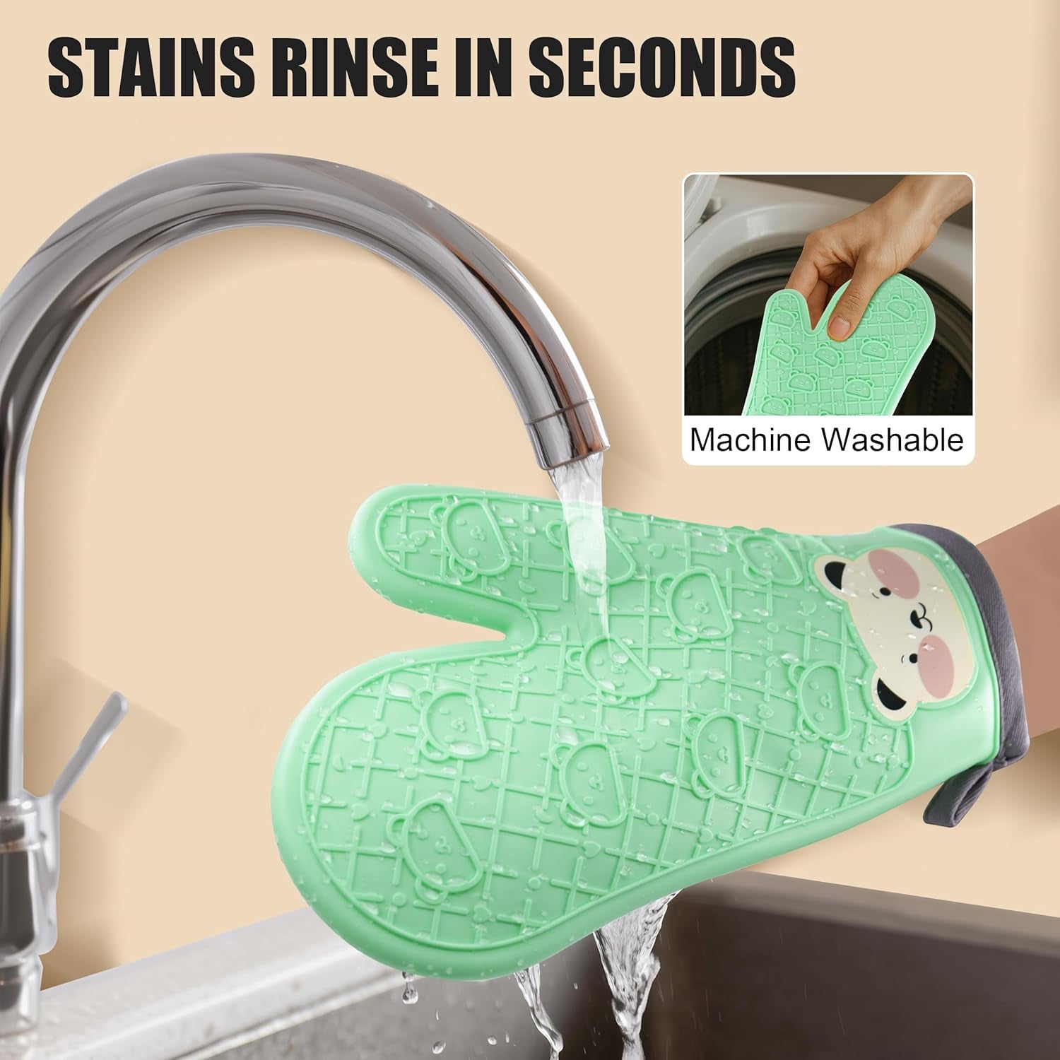 Silicone Oven Mitts Cute Bear - Non-Slip Kitchen Gloves for Baking & BBQ - Soft Cotton Lined, Waterproof & BPA-Free Potholders - Machine Washable & Heat Resistant up to 500°F - Green, 1 Pair