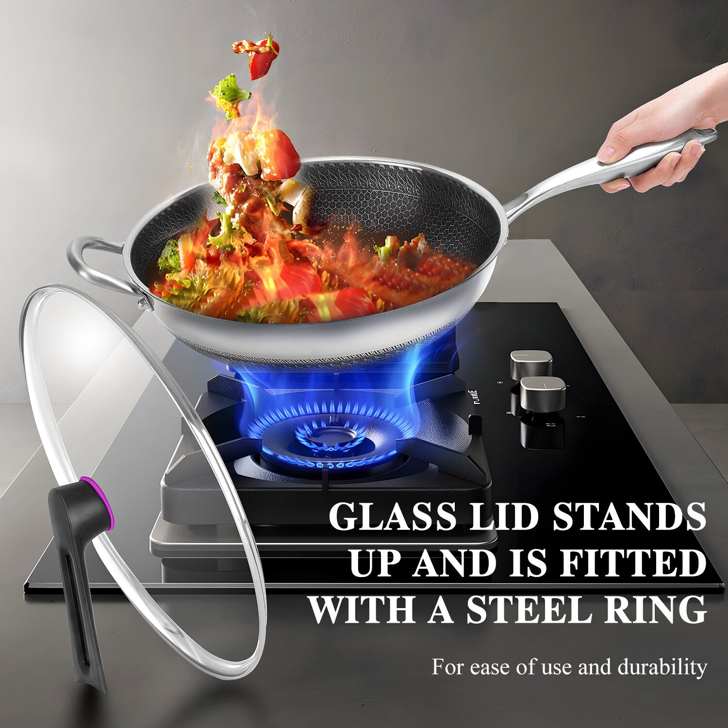 13" Large Honeycomb Wok Stainless Steel Nonstick Frying Pan Induction Cookware