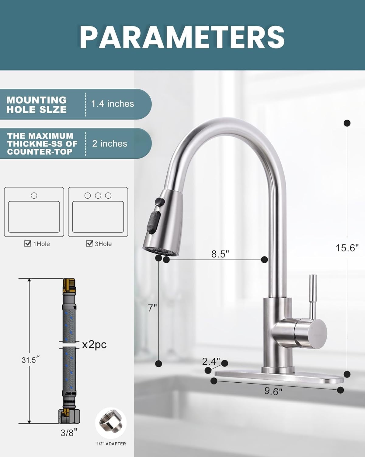 Brushed Nickel Kitchen Faucet with Pull-Down Sprayer