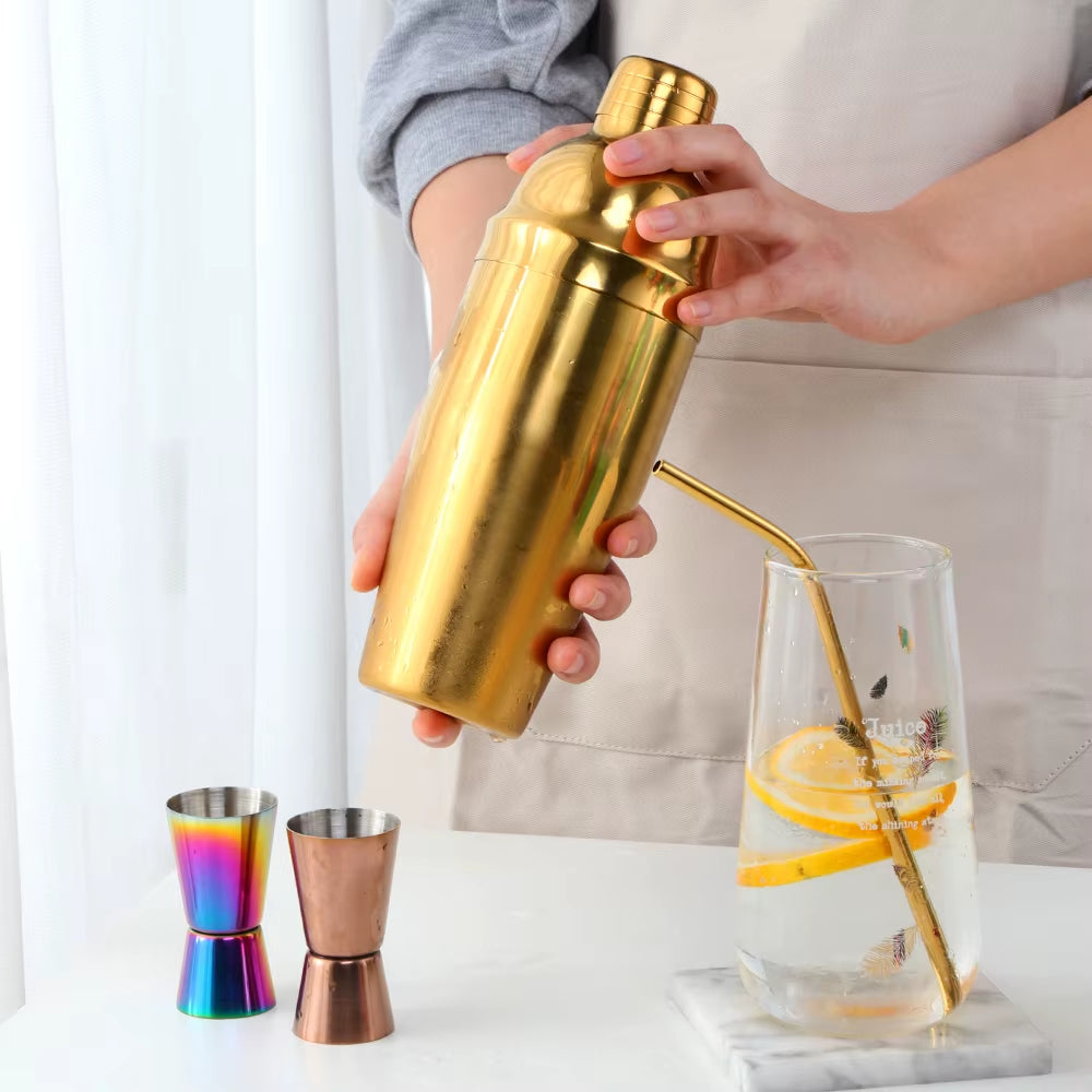 750ML Stainless Steel Boston Cocktail Set Shaker Wine Pourers Gold Bar Tool Set with Strainer Measure Cup Bartender