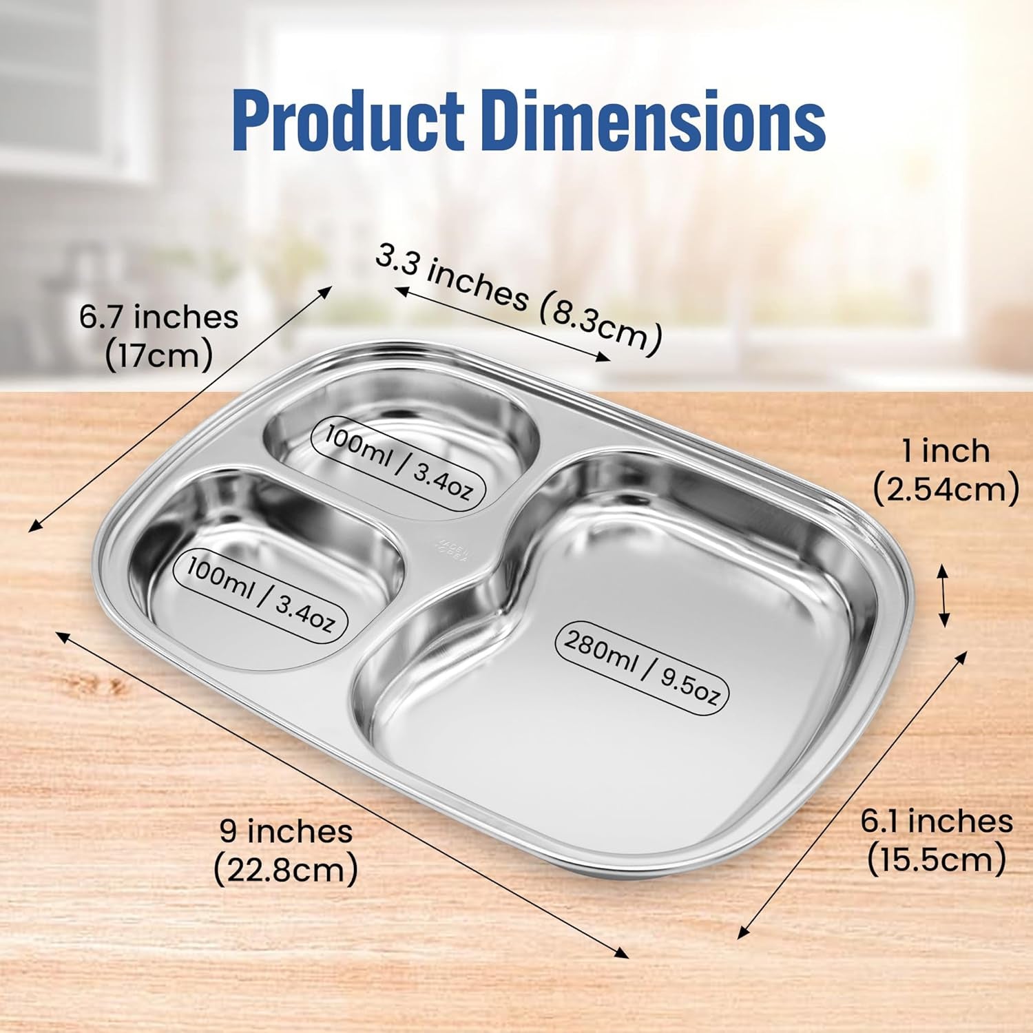 Korean 3 Compartment Stainless Steel Divided Plates, BPA Free, Set of 2