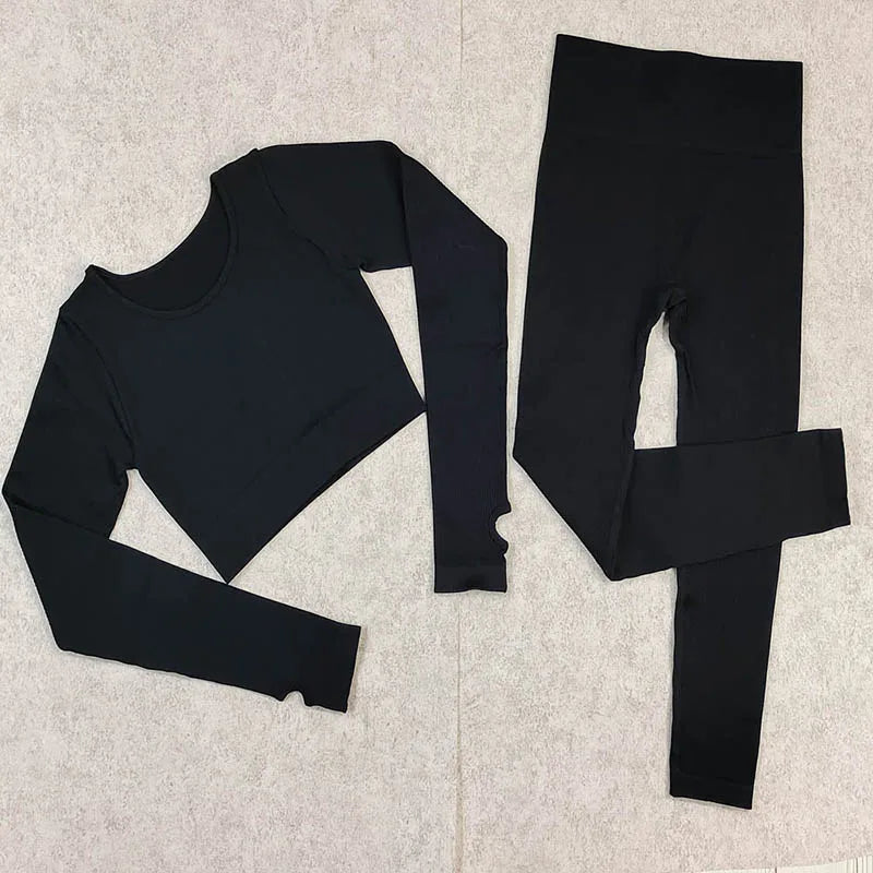 Ribbed Women Sets Fitness Suit Seamless Sportswear Sexy Gym Clothing Stripe Legging Long Sleeve Sport Outfits Woman Tracksuit