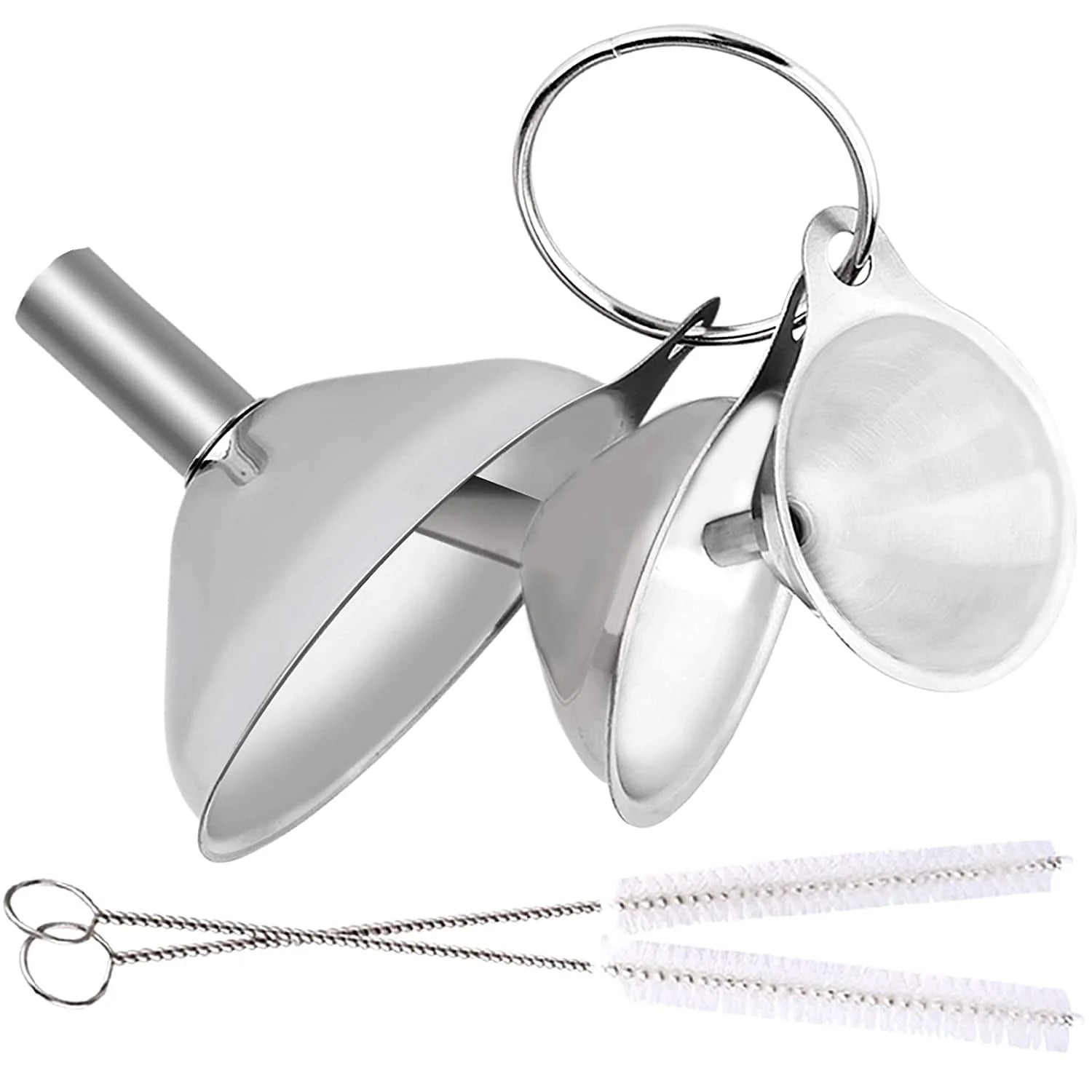6Pcs Stainless Steel Funnel, Large Small Funnel Set of 3 for Kitchen Use Filling Bottles Flask Cooking, 2 Brushes