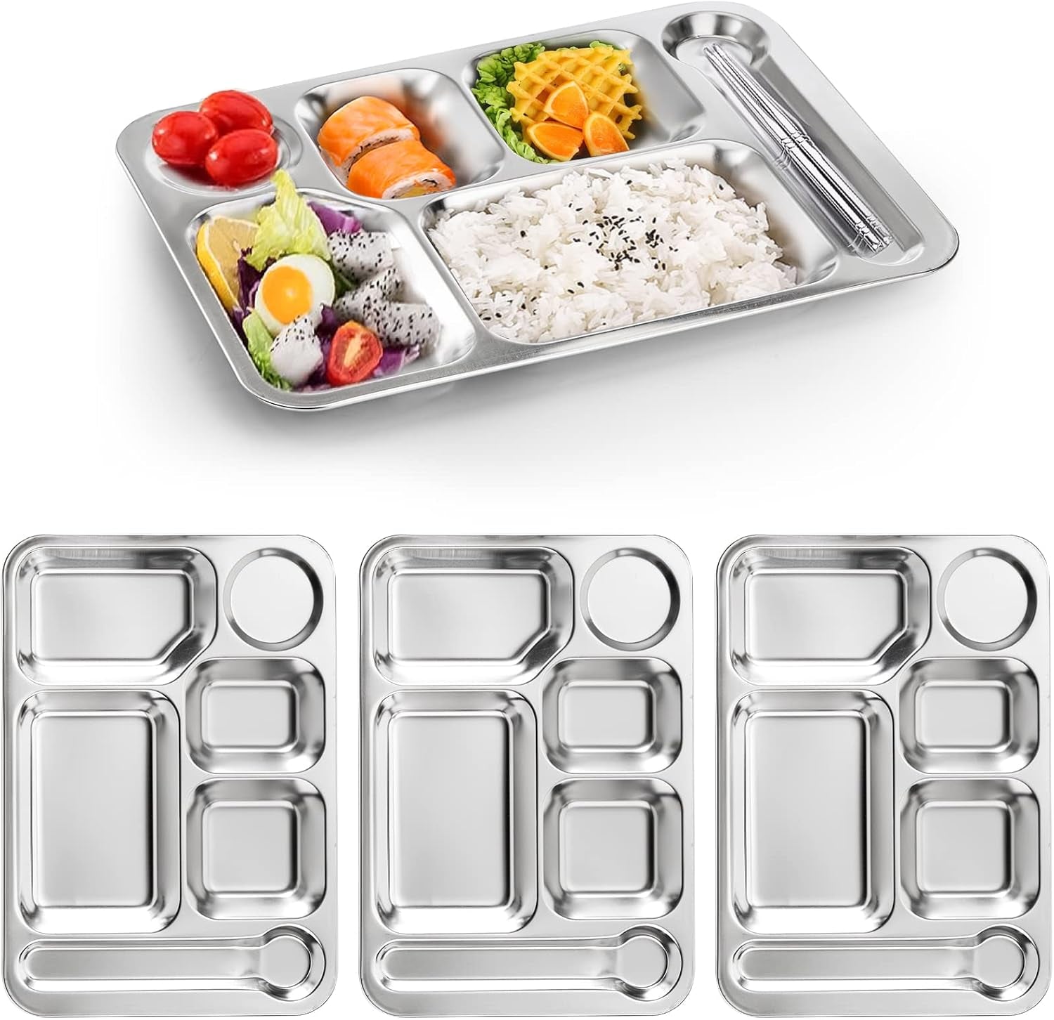 4 Pack Stainless Steel 6 Sections Rectangular Divided Dinner Tray