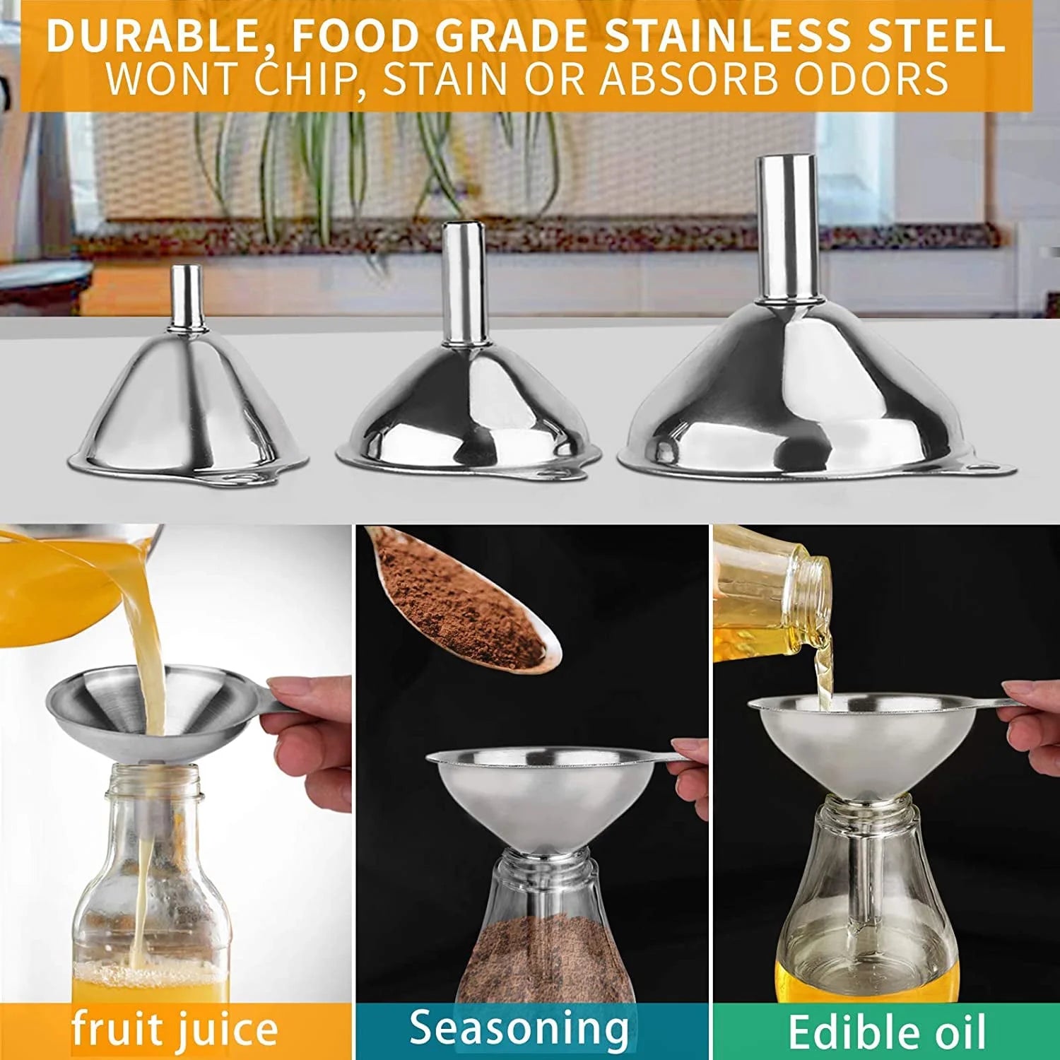 6Pcs Stainless Steel Funnel, Large Small Funnel Set of 3 for Kitchen Use Filling Bottles Flask Cooking, 2 Brushes