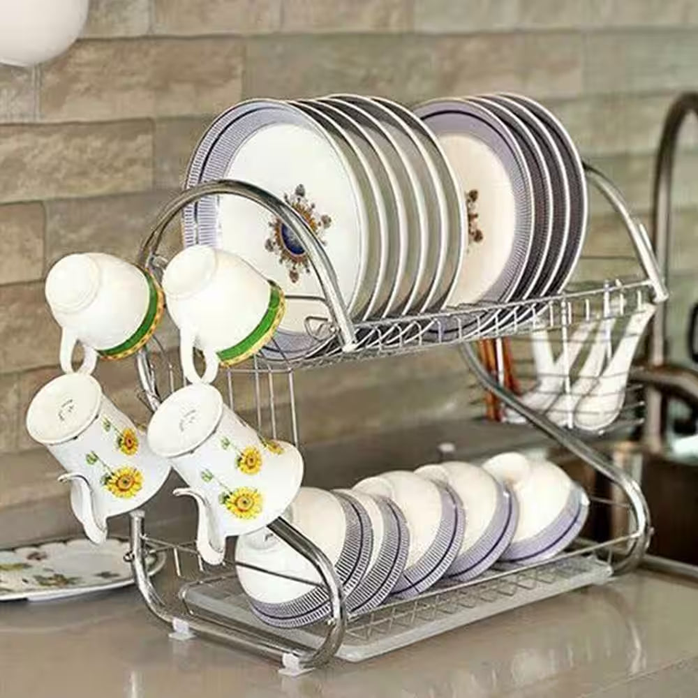 2-Tier Stainless Steel Standing Drying Dish Rack with S Shape Design, Kitchen Cutlery Holder Shelf
