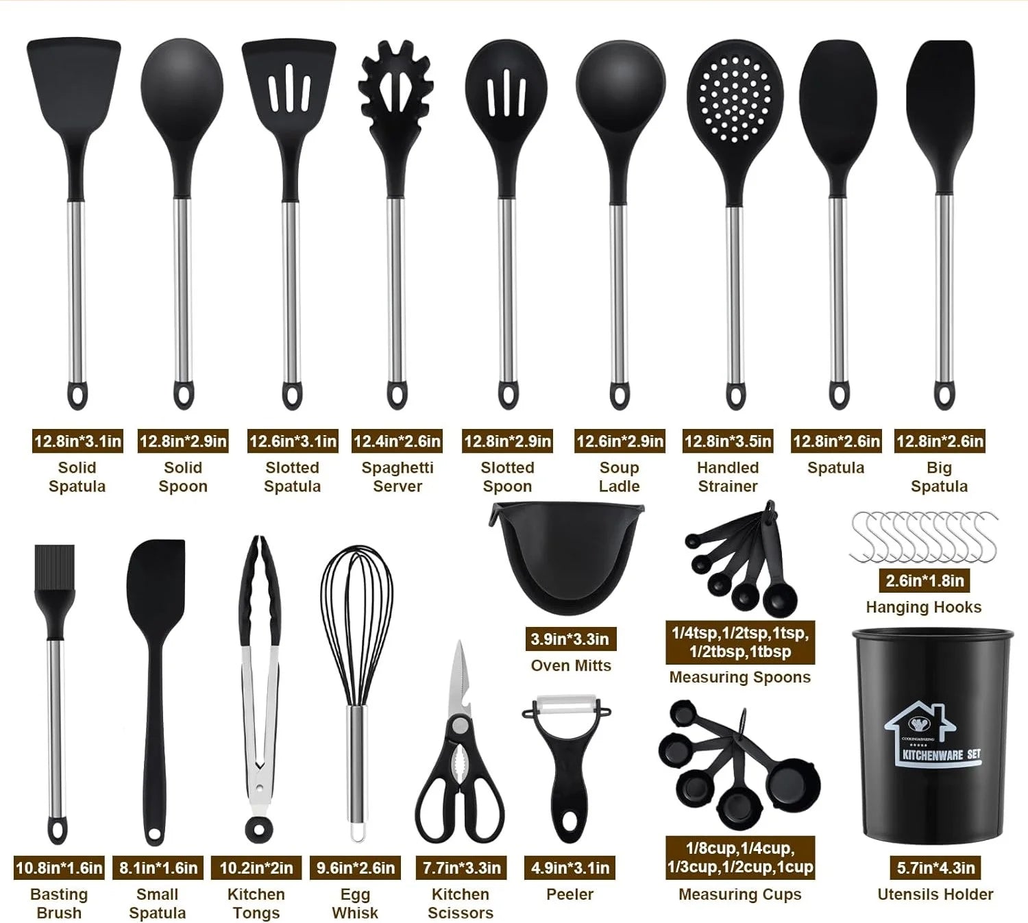 21 Pcs Silicone Cooking Utensils Set with Holder, BPA-Free, Non-Stick Heat Resistant Silicone Cookware with Stainless Steel Handle