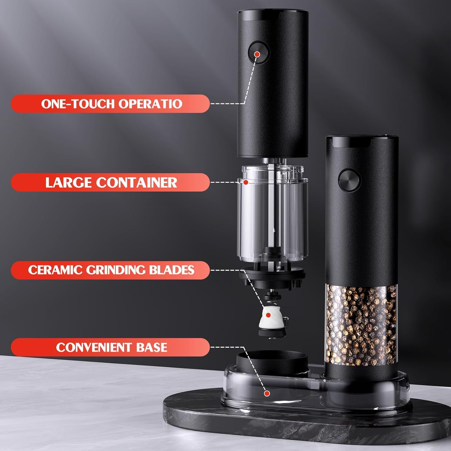 Electric Salt and Pepper Grinder Set Automatic Battery Pepper Mill Shakers Adjustable Coarseness Upgraded Larger Capacity with Led