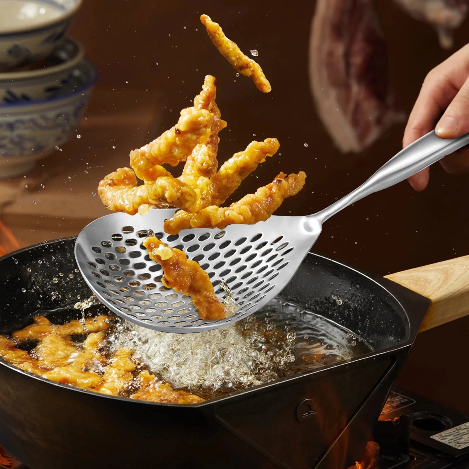 Extra Large Slotted Stainless Steel Skimmer with Long Handle for Kitchen Frying Cooking Draining