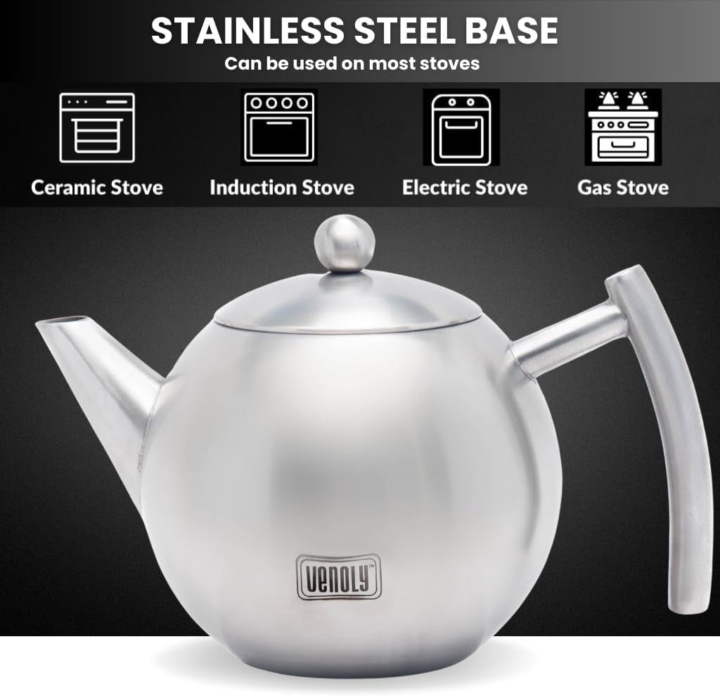 Stainless Steel Tea Pot with Removable Infuser for Loose Leaf and Tea Bags, Dishwasher Safe and Heat Resistant (Silver, 1.5 Liter)