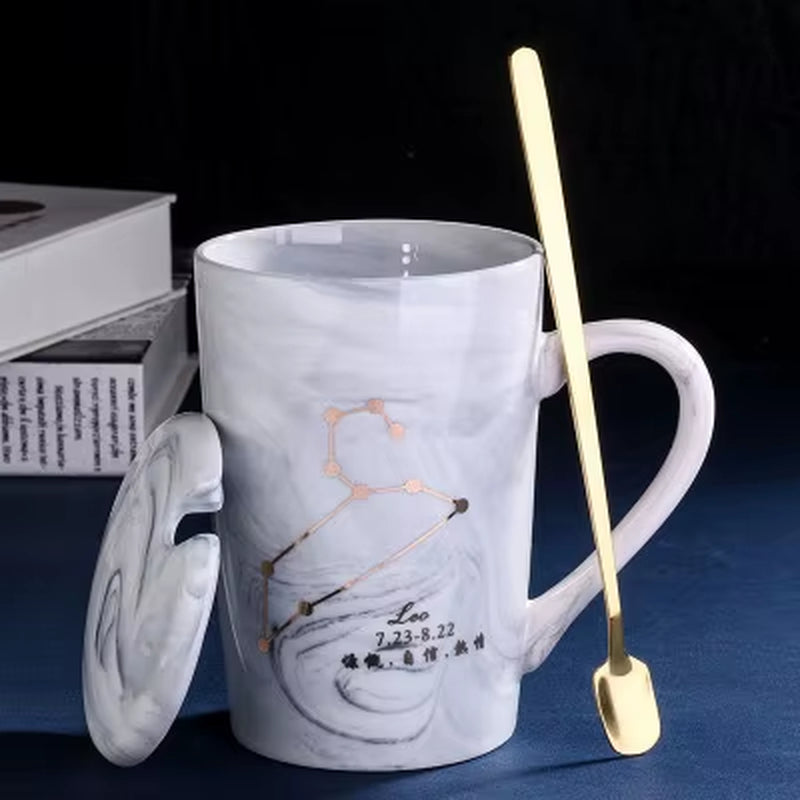 380ML Natural Marble 12 Constellation Ceramic Pink Zodiac Mug with Lid