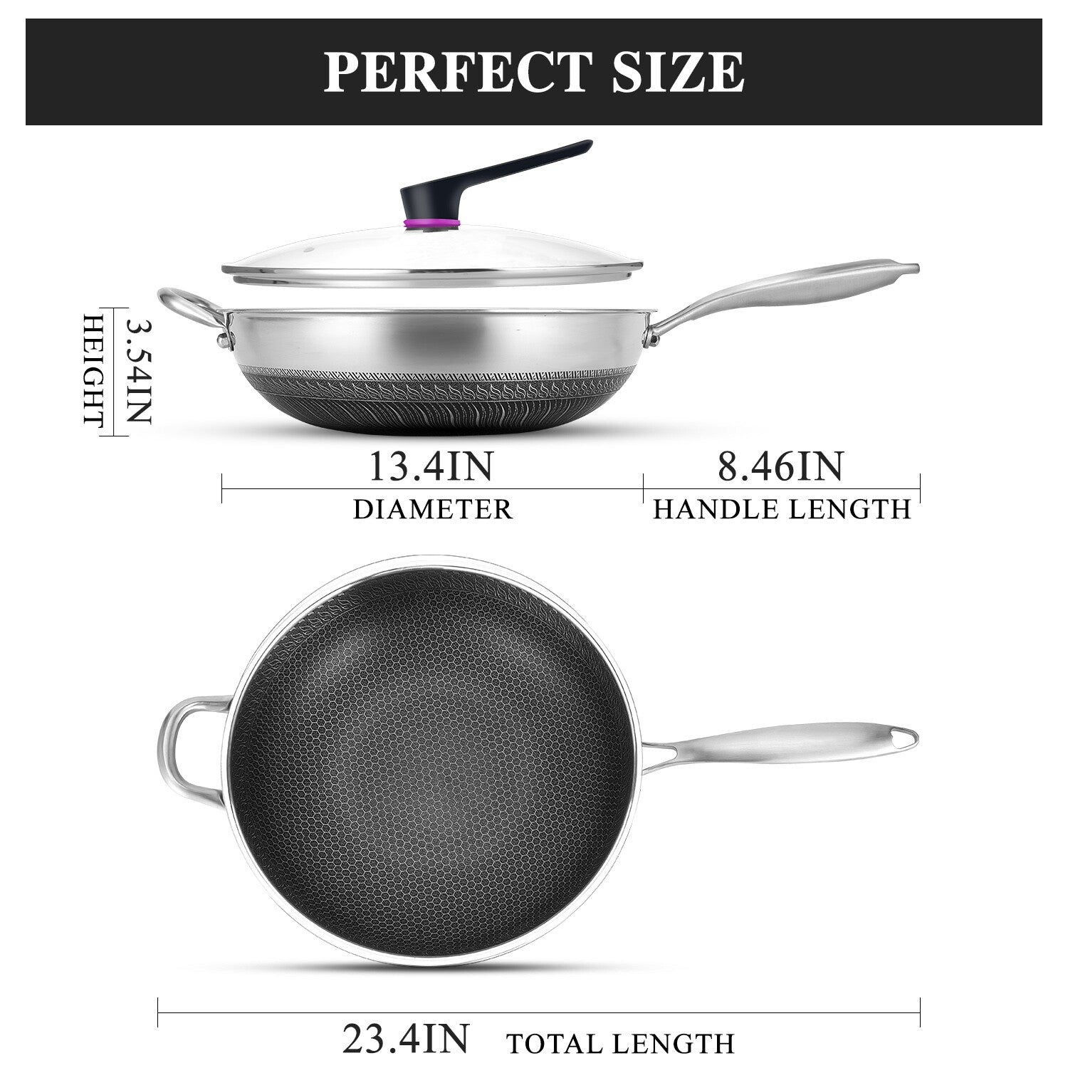 13" Large Honeycomb Wok Stainless Steel Nonstick Frying Pan Induction Cookware