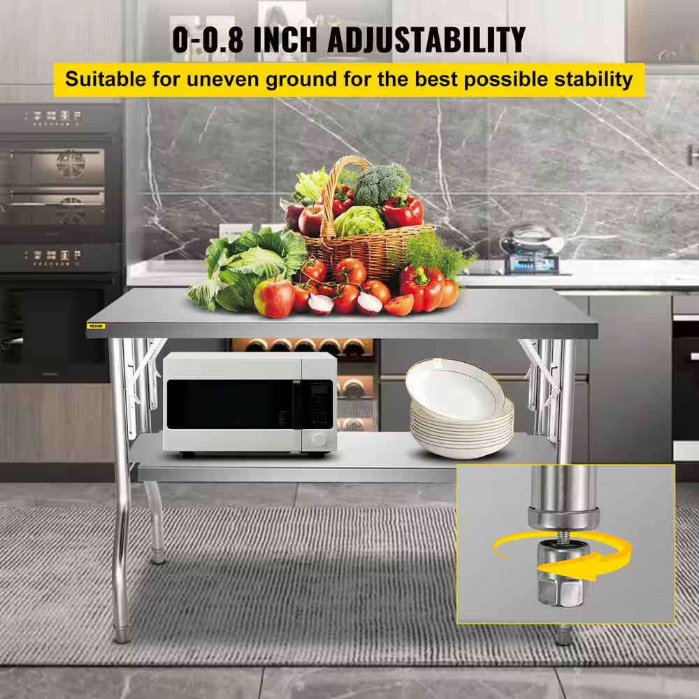 Commercial Worktable Workstation 48 X 30 In. Double-Shelf Folding Stainless Steel Kitchen Utility Table