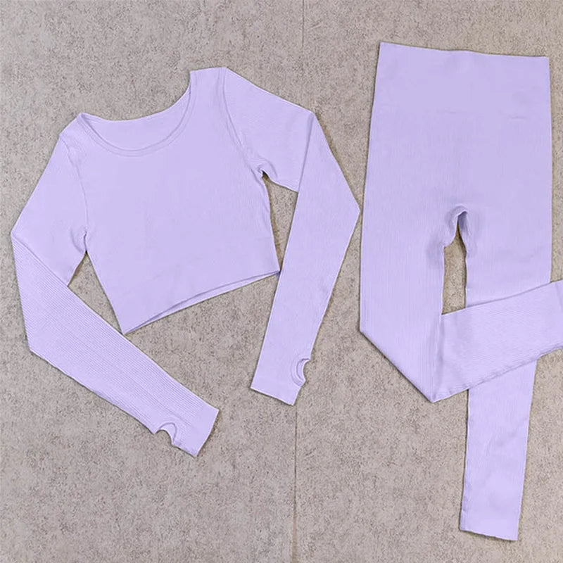 Ribbed Women Sets Fitness Suit Seamless Sportswear Sexy Gym Clothing Stripe Legging Long Sleeve Sport Outfits Woman Tracksuit