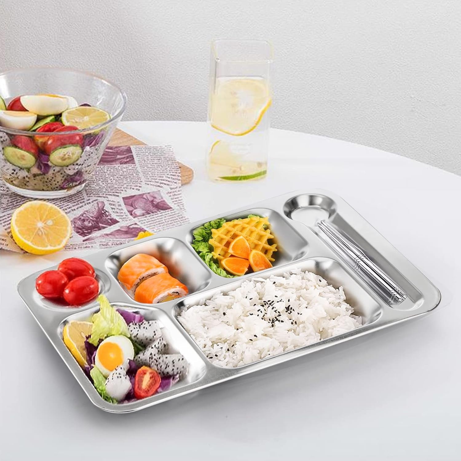 4 Pack Stainless Steel 6 Sections Rectangular Divided Dinner Tray