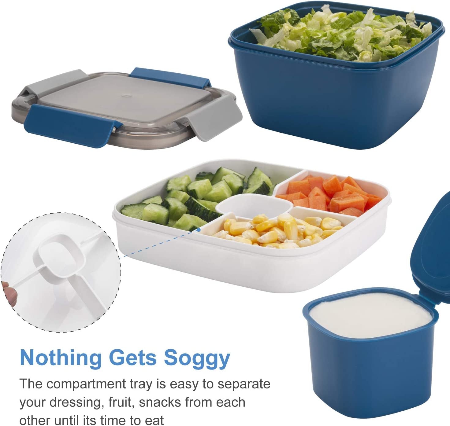 Salad Lunch Container To-Go – 52oz Bowl with Compartments & Dressing Cup