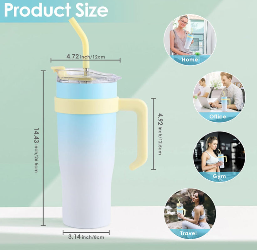 40 Oz Tumbler with Handle Straw Lid Insulated Vacuum Stainless Steel, Cold or Hot Sweat Proof Reusable