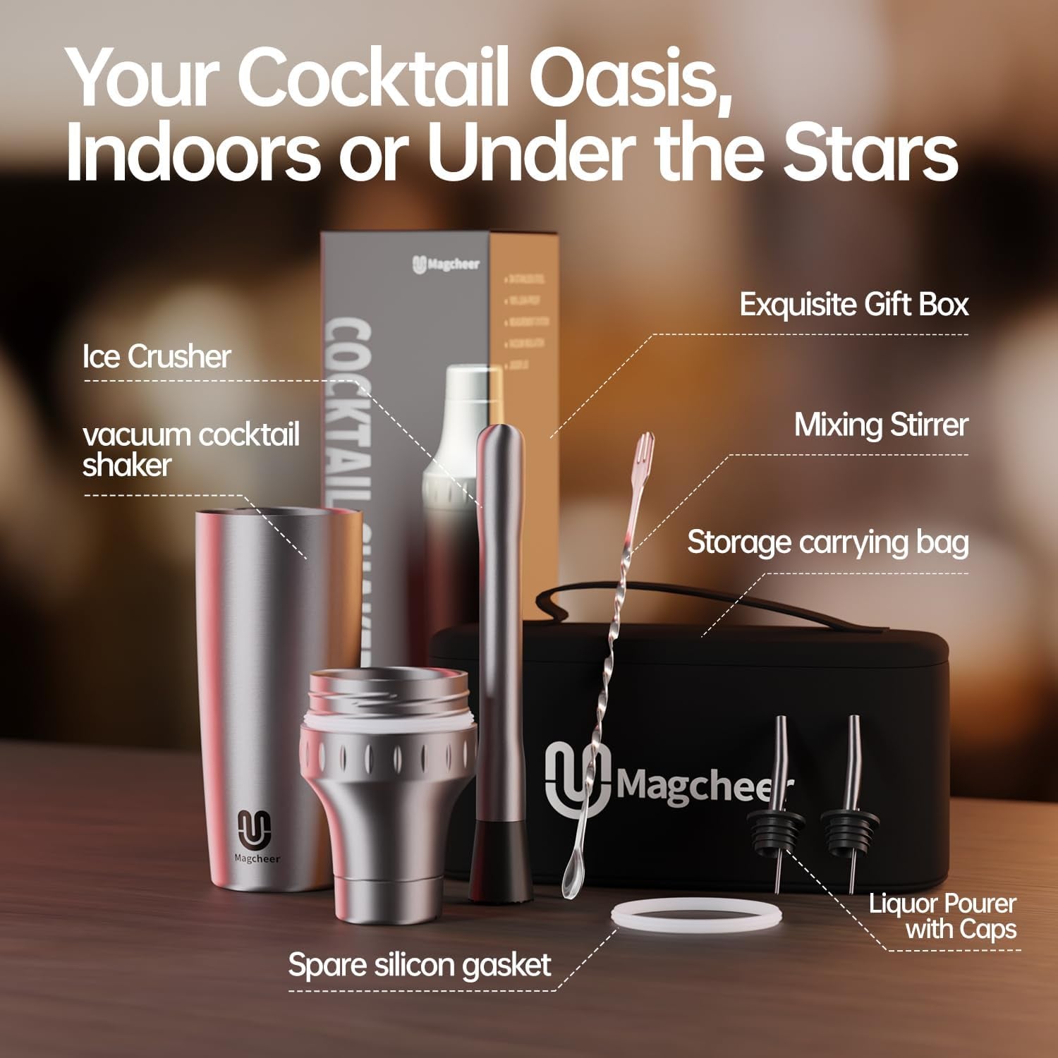 30 oz. Stainless Steel Cocktail Shaker Set, Vacuum Insulated Martini Shaker with Strainer & Jigger Lid